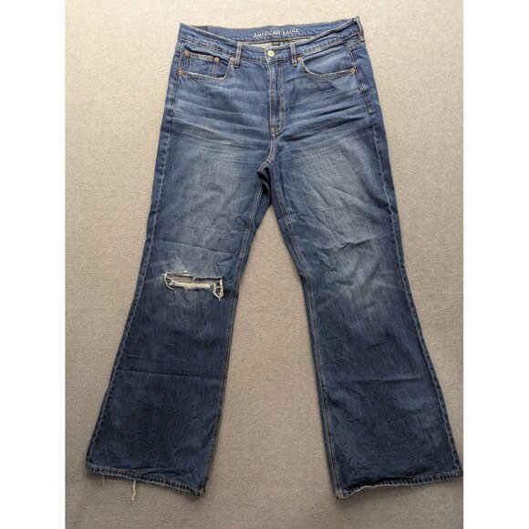 American Eagle Jeans Womens 12 Long Blue Low-Rise Baggy Flare Strigid Ripped - Picture 1 of 16